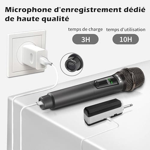 Talomen Microphone sans fil professionnel,système de dual microphone à 2.4 GHz Karaoké Dynamique Rechargeable avec Récepteur,160ft Ext,Idéal pour Karaoké,Chants,Fêtes,Soirées,DJ,Églises,Mariages,K60-2