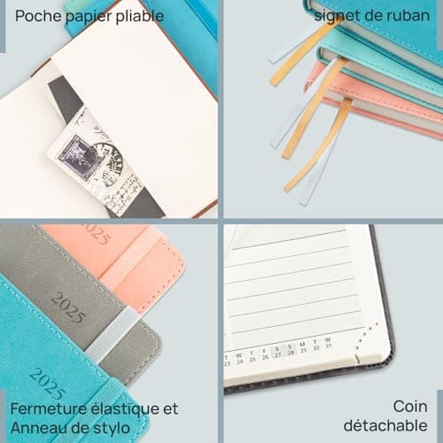 POPRUN Agenda de poche 2025 Journalier 16 x 10,5 cm - Couverture Souple en PU Cuir, 1 Page par Jour A6 petite Agenda, D'Jan 2025 à Déc 2025, Signet à 2 rubans, Papier 70 g/m2, Bourgogne-BY