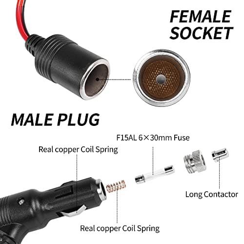 RIIEYOCA 6.5ft 12V 24V Câble D’Extension pour Allume Cigare Interrupteur Rallonge Mâle et Femelle Pour Briquet Avec Fusible 15A (2 m)