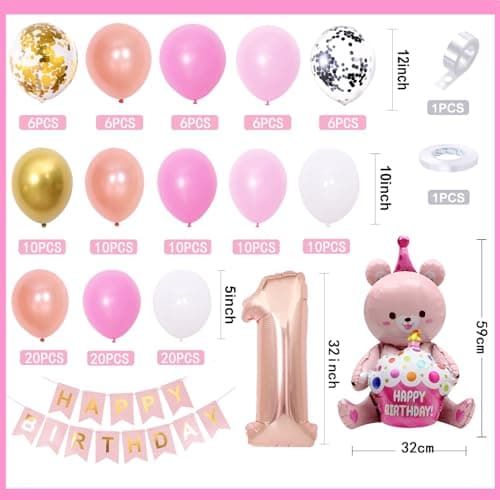 Decoration Anniversaire 1 an Fille,Ballon Anniversaire 1 an fille, Ballons de Baudruche Rose,Deco Anniversaire Fille 1 an,Décoration Anniversaire Fille,Déco Anniversaire 1 an,Ballons Anniversaire Bebe