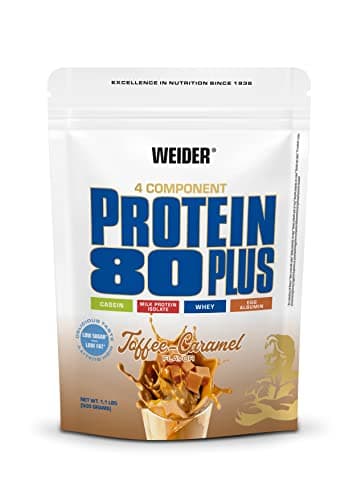 Weider Protein 80 Plus protéine en poudre, Toffee-Caramel, faible teneur en glucides, mélange de lactosérum de caséine multi-composants pour shakes protéinés, 500 g
