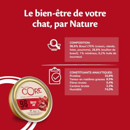 Wellness CORE 98% Beef, Pâtée pour Chat, Nourriture pour Chat sans Céréales, à Haute Teneur en Viande, Bœuf, 12 x 85 g