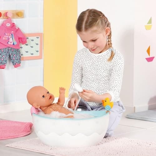 BABY Born Baignoire avec Changement de Couleur - Fonction Douche et Son - Accessoires Haut de Gamme pour poupées de 36 et 43 cm - Fonctionne également avec de l'eau véritable