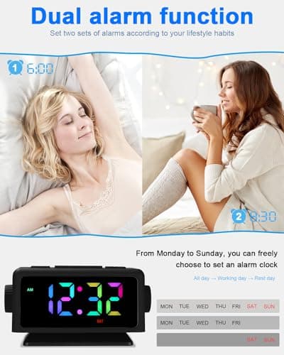 Radio Reveil Digital avec 2 Réveils,Électronique Réveil Numérique avec 11 Modes Lumière,LED Horloge Digitale,Snooze,Aide au Sommeil,Minuterie,12/24h,Volume de l'alarme Réglable,Port de Recharge USB