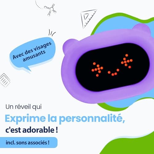 Kadoing® Réveil Enfant Ours - avec Expressions Visages et Fonction de Tapotement - Lumière de Réveil - Entraîneur de Sommeil - Veilleuse - Réveil Jouet Numérique