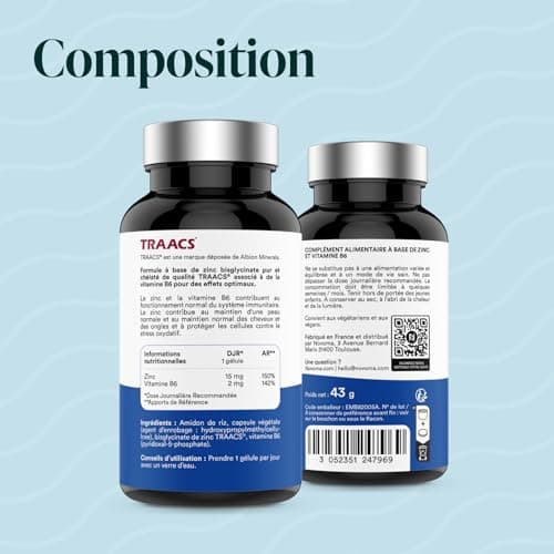 Zinc Bisglycinate 15 mg TRAACS® + Vitamine B6 Bioactive | Haute Absorption & Haute Teneur en Zinc | Complement Alimentaire Immunité & Acné | 120 Gélules | Fabriqué en France | Novoma (ex Nutrivita)