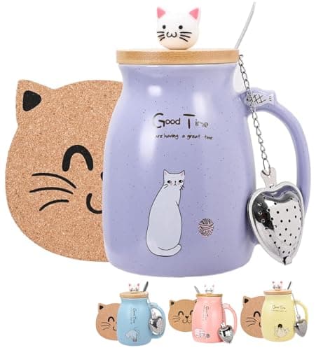 Thuro Tasse de chat,Tasses à Café en céramique Pour les amoureux des chats,Anniversaire Saint Valentin cadeaux de Noël,Nouvelle Année,450ml