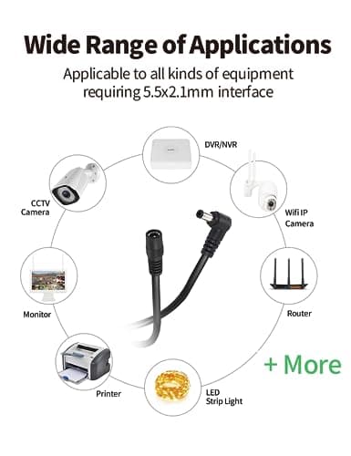 Câble d'Extension DC Tonton 12V de 5 Mètres, Adaptateur d'alimentation 5,5mm x 2,1mm, Câble d'alimentation en L à 90 Degrés pour Caméra de Surveillance, Caméra IP, DVR, etc. 5M (2 Pièces)