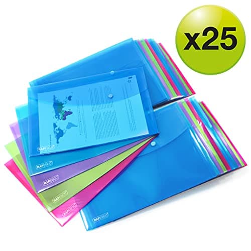 Rapesco 1677 Pochette à Bouton Pression, A4+ / Papier Ministre, Couleurs Transparentes Assorties, Lot de 25