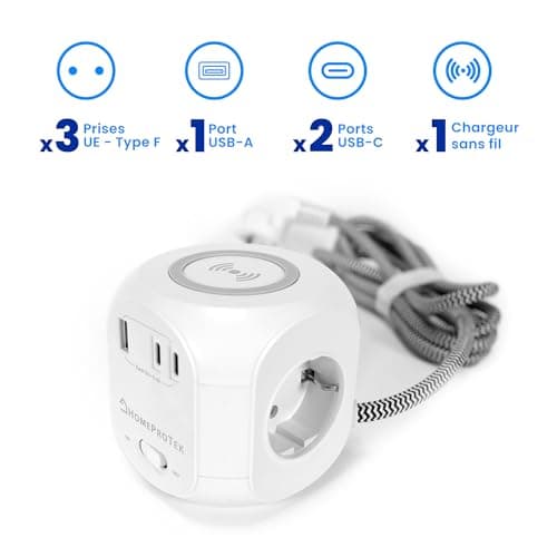 HOMEPROTEK Multiprise Cube - Chargeur Sans fil, Rallonge Multiprise USB avec 3 Prises, 1 USB-A, 2 Type C et Bloc de Charge, Station de Charge Multiple avec Interrupteur pour Domicile et Bureau (Blanc)