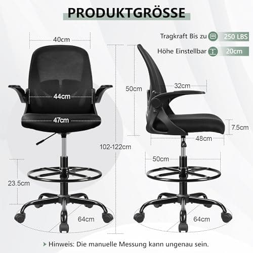 Primy Chaise de bureau ergonomique, réglable en hauteur, avec accoudoirs rabattables et support lombaire réglable avec anneau de repose-pieds, chaise familiale pivotante (noir)
