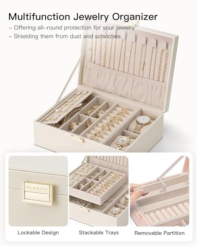 Vlando Boîte à bijoux en cuir à 2 niveaux pour femme et fille avec 2 coussins de montres, organisateur de bijoux, boîte à bijoux, idée cadeau, pour montres, bagues, boucles d'oreilles, colliers