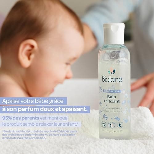 BIOLANE - Huile de bain relaxante - Pour le bain de bébé - Nettoie en douceur - Apaise - 99% d'ingrèdients naturels - 150ml - Fabriqué en France