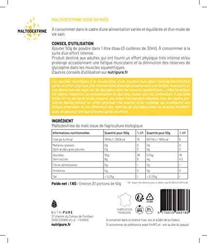 Nutripure - Maltodextrine Bio 100% Pure - 95g de Glucides - 1 kg | Boisson d'Endurance & Récupération - Booster d'Energie - Effort Long & Intense - Sans OGM - Vegan - 20 Jours - Made in France