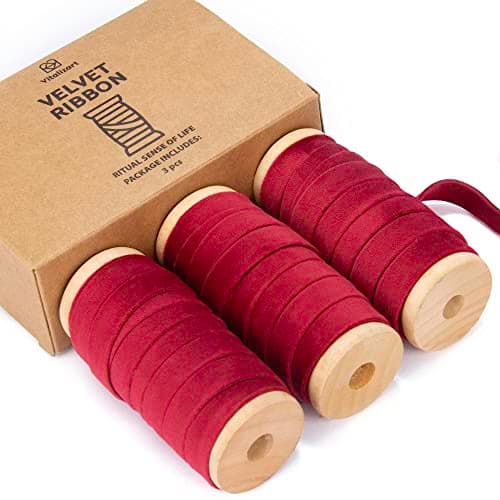 Vitalizart Ruban Velours Rouge 0,95 cm x 4,57 m x 3 Rouleaux, Bobine en Bois, Ruabn en Tissu pour la Décoration de Couronnes de Noël, l'Artisanat, l'Emballage de Cadeaux et la Fabrication de Nœuds