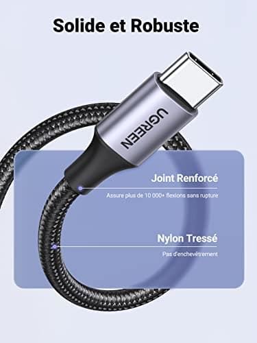 UGREEN Lot de 2 Câble USB C 3A Nylon Tressé Câble USB Type C Charge Rapide Compatible avec iPhone 16 Plus Pro Max 15 Galaxy S24 S23 A55 Redmi Note 13 Pro 12 P60 P50 Manette PS5 (0.5M)