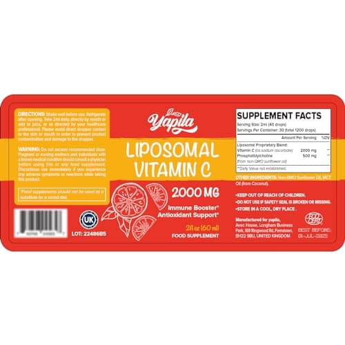 Vitamine C Liposomale 2000 mg Liquide Supplément, Absorption Maximale, Vitamin C Végétalienne Hautement Efficace, Acide Ascorbique, Non-GMO, Sans Gluten, Sans Soja