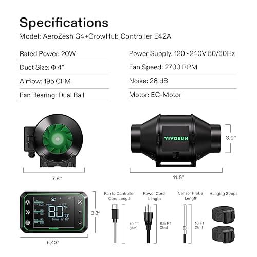 VIVOSUN AeroZesh G4 Ventilateur tubulaire silencieux 100 mm 330 m3/h avec moteur EC et contrôle de la température GrowHub E42A et contrôleur WiFi pour chauffage, refroidissement, tentes de culture