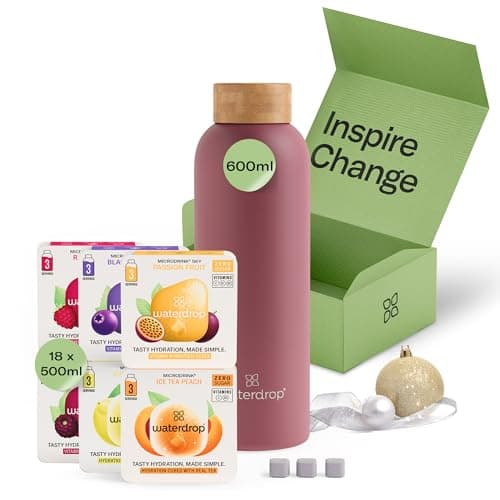 waterdrop® Coffret Cadeau, Bouteille Isotherme 600 ml, Étanche et Compatible avec Eau Gazeuse,18 Cubes à Boire Sans Sucre, Idée Cadeau Noël Femme & Homme, Premium Cadeau de Noël