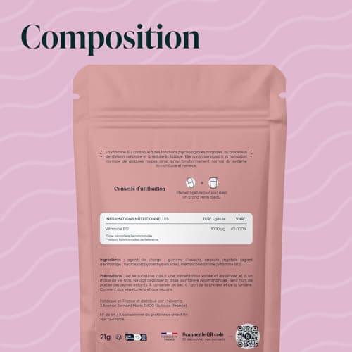 Vitamine B12 1000 μg Vegan, Cure de 2 mois, Réduit la Fatigue & Soutient le Système Nerveux, 60 Gélules Végétales, 100% Méthylcobalamine Pure et Biodisponible, Essentials by Novoma