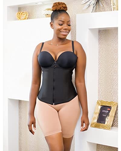 YIANNA Gaine Ventre Plat Femme Zipper Corset Minceur Waist Trainer Ceinture Amincissante Sudation Latex Body Gainant Sculptant Noir,2219 Size XS