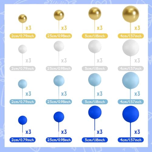 BOUBONI 48 Pièces Boules de Décoration de Gâteau Décorations de Cupcake en Ballon Boules de Gâteau pour Fête d'anniversaire Décoration de Gâteau (Bleu Roi, Bleu Clair, Blanc, Or)