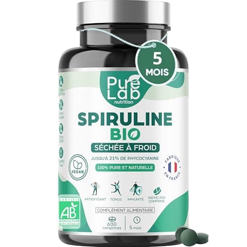 Spiruline Bio - 600 Comprimés Vegan, Cure 5 Mois - 21% Phycocyanine, 66% Protéines - Séchée à Froid - Antioxydant, Energie, Immunité - Sans Excipient ni Additif - Fabriqué en France