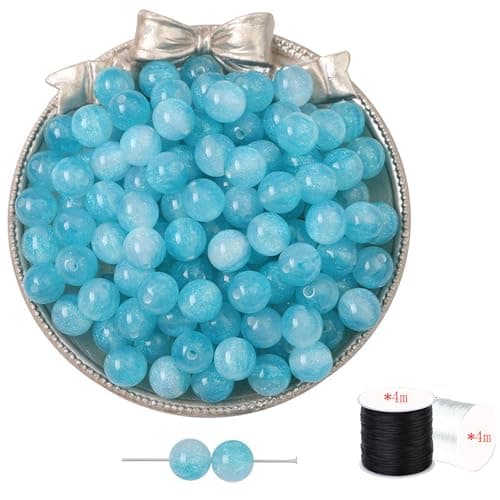 ftiemlovde 50 Rondes Perles pour Bracelet,Oeil Collier Perle Pierre Naturelle pour Bijoux (Bleu Scintillant 10mm)
