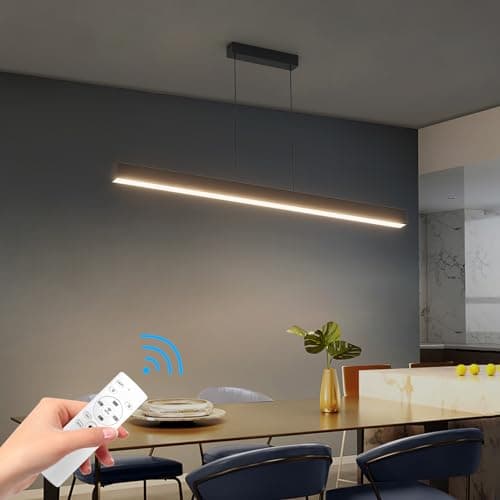Klighten Led Lampe à suspension Table à Manger, Moderne Luminaire Suspensio, Dimmable 3000K-6000K Avec Télécommande, Plafonniers Linéaire Hauteur 150Cm Réglable, Pour Cuisine Salon, 100/36W, Noir