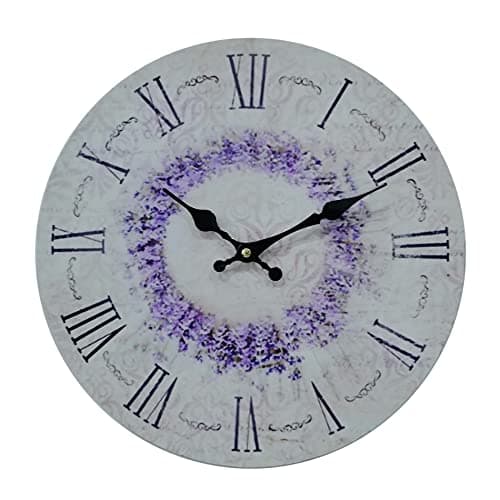 Rebecca Mobili Horloge Murale, Horloge Suspendue pour Cuisine, MDF, Blanc Noir Violet, Impression De Fleurs, Style Shabby Chic - Diamètre 33,8 cm x P 4 cm - Art. RE6806