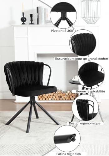 WOLTU Chaise de Salle à Manger Pivotante Lot de 4, Fauteuil Rembourré avec Dossier Tressé et Pieds en Métal, Chaise Scandinave, en Velours,Noir,EZS72sz-4