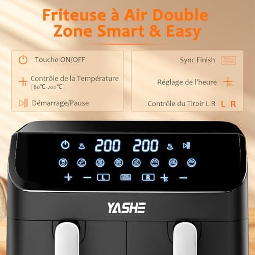 YASHE Dual Zone Air Fryer, 9L Friteuse Sans Huile avec 2 Tiroirs, 8-en-1 Programmes de Cuisson Écran Tactile Friteuse Air Fryer, Fonctions Match Cook & Smart Finish Friteuse Air Chaud