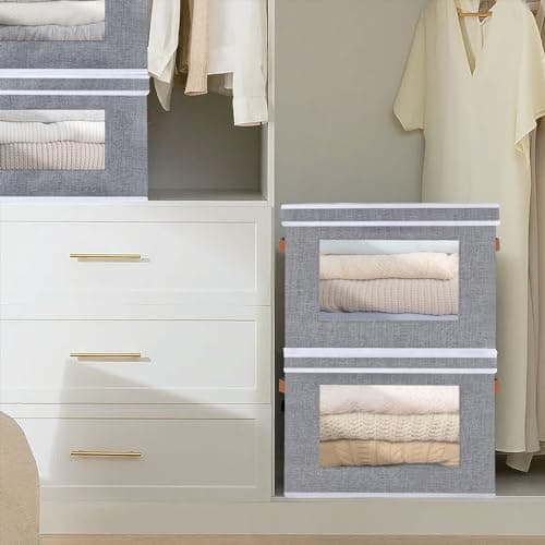 OUTBROS Boîte de Rangement, 33x23x20 cm Boîte avec Couvercle, avec Fenêtre Transparente, Panier en Tissu Pliable, Armoire Panier de Rangement, Gris, Paquet de 1