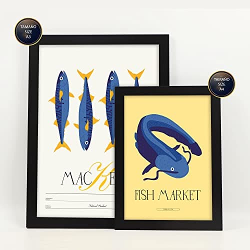 Nacnic Ensemble de 6 affiches sur l'alimentation et la nutrition. Produits de la mer. Affiches nature et nutrition pour l'aménagement intérieur et la décoration. A3 et A4, cadres noirs.