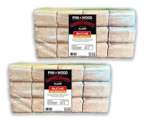 PINI Briquettes de bois 100 % hêtre dur RUF cheminée, poêle, barbecue, foyer, bois de chauffage, 20 kg