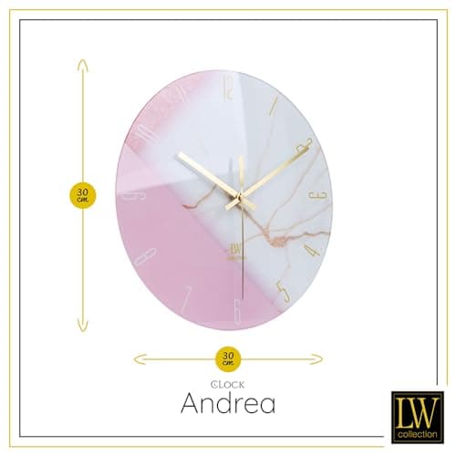 LW Collection Horloge Murale Verre Marbre Andrea Blanc Rose 30 cm - Petite Horloge - Horloge Murale Silencieuse - Horloge de Cuisine Mouvement Silencieux