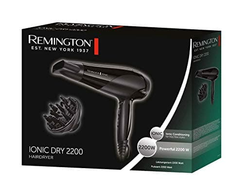 Remington Sèche-cheveux Ionique [Puissant & Léger] Ionic Dry Noir (2200W, coiffage délicat en douceur & répartition uniforme de chaleur, 3 températures / 2 vitesses, concentrateur, diffuseur) D3198