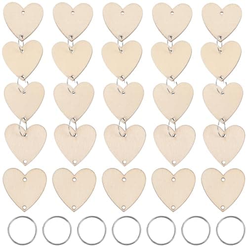 VORCOOL 50pcs Coeur en Bois Tranche de Bois avec Trous et 50pcs Anneaux Boucles de Fer