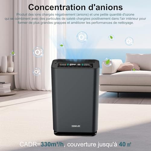 ISSELEC 2 en 1 purificateur d'air et humidificateur H13 filtre à air haute efficacité ioniseur taille de pièce jusqu'à 40m2, Filtre 99,97% des poils d'animaux domestiques/pollen/fumée/odeur