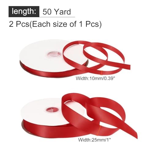 QUARKZMAN Ruban Satin de 100 Yards/300 Pieds pour Emballage Cadeau 1 cm et 2,5 cm Ruban Gros-Grain pour Saint-Valentin pour Gâteau de Fête, Bouquet Fleurs, Rouge (50 Yards/Chaque Rouleau)