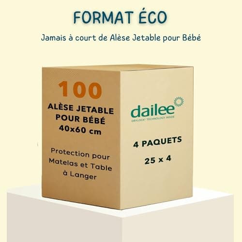 Dailee Bed Alese Jetable Bebe 40x60 - 100x Alèse Jetable pour Bébé, Lange pour Protection Matelas à Langer - 4 Paquets de 25 Alaise