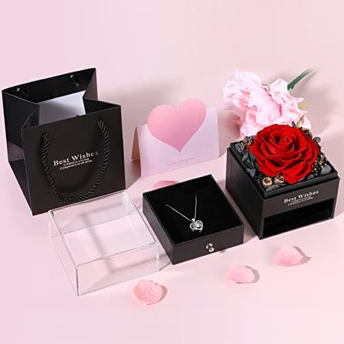 Daover Rose Eternelle avec Collier, Vraie Rose Préservée avec Collier en Forme Coeur, Collier Femme boîte de Roses, Idee Cadeau Femme Original Utile pour Anniversaire Maman, Noel, Saint Valentin