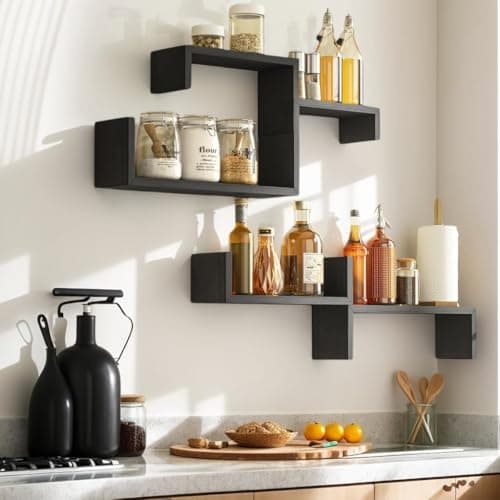SRIWATANA Etagere Murale Noir Lot de 5, Étagère Murales Bois Suspendue, Etagere Flottante de Rangement, DIY Déco Tablette Flottante pour Salon Chambre Bureau Salle de Bains, Cuisine, Charge Max.40kg