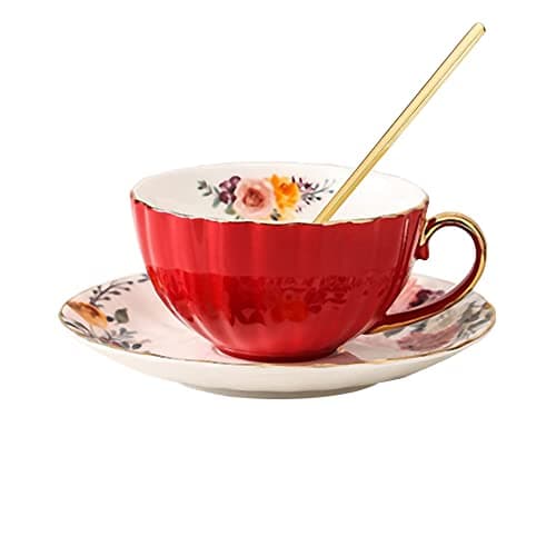 HUAMu Ensemble de tasses avec cuillère, tasse à thé et soucoupe vintage en céramique - Tasse à thé élégante avec cuillère et soucoupe - Tasses à thé royales en porcelaine,Rouge (235 ml)