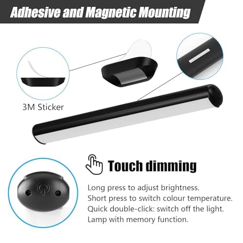 Klighten Reglette LED Cuisine Sans Fil, 4000mAh Dimmable Lampe de Bureau Rechargeable USB, Lumiere Magnetique, Contrôle Tactile, Lampe Placard Pile Adhesif, 2W 200LM, 1 pcs