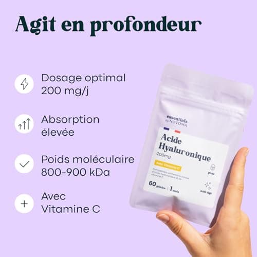 Acide Hyaluronique Pur, 60 Gélules Vegan, Action Anti-Âge + Anti-Rides, 800-900 kDa, Cure de 1 mois, Hydratation de la Peau, Avec Vitamine C, Fabriqué en France, Essentials by NOVOMA