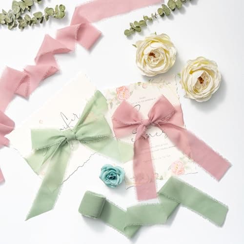 MORSUNBELA Ruban en Mousseline de Soie - Vieux Rose - 3,8 cm - Ruban à Franges - 19,2 m