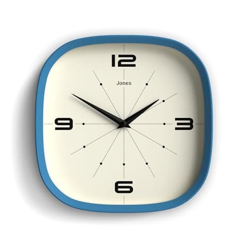 JONES CLOCKS® Horloge Murale Pulsar | Horloge rétro carrée Arrondie | 25 cm | Bleu | Look de Designer Cool pour Cuisine, Salon ou Bureau