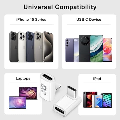Adaptateur USB C 40 Gbit/s (Lot de 2), Adaptateur USB C mâle vers Femelle, connecteur Adaptateur USB C 4.0 de Type C à Angle Droit de 90 degrés, Compatible avec iPhone 15, Samsung, MacBook