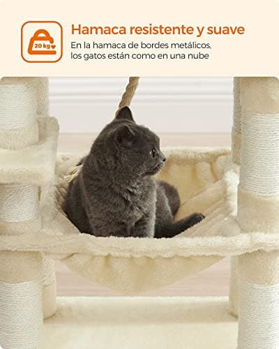 Feandrea Arbre à Chat Hauteur 112 cm, Tour de Jeux pour Chat, avec 11 Poteaux à Griffer, 2 Plateformes, 1 Niche, 1 Hamac, 2 Pompons, en Tissu Peluche, Plusieurs Niveaux, Beige PCT215M01